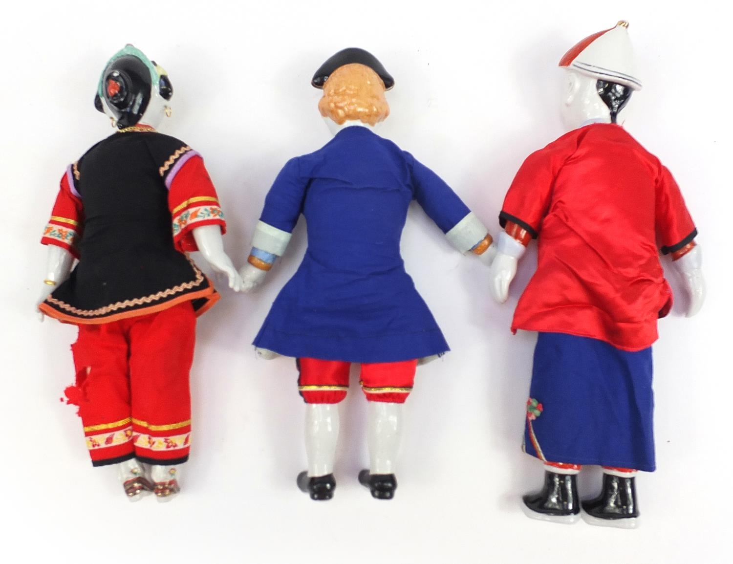 Three Chinese porcelain dolls with cloth bodies and tapestry clothing, the largest 41cm high - Image 2 of 3