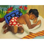 Semi nude female resting, Latin American school oil on canvas, mounted and framed, 49.5cm x 39cm