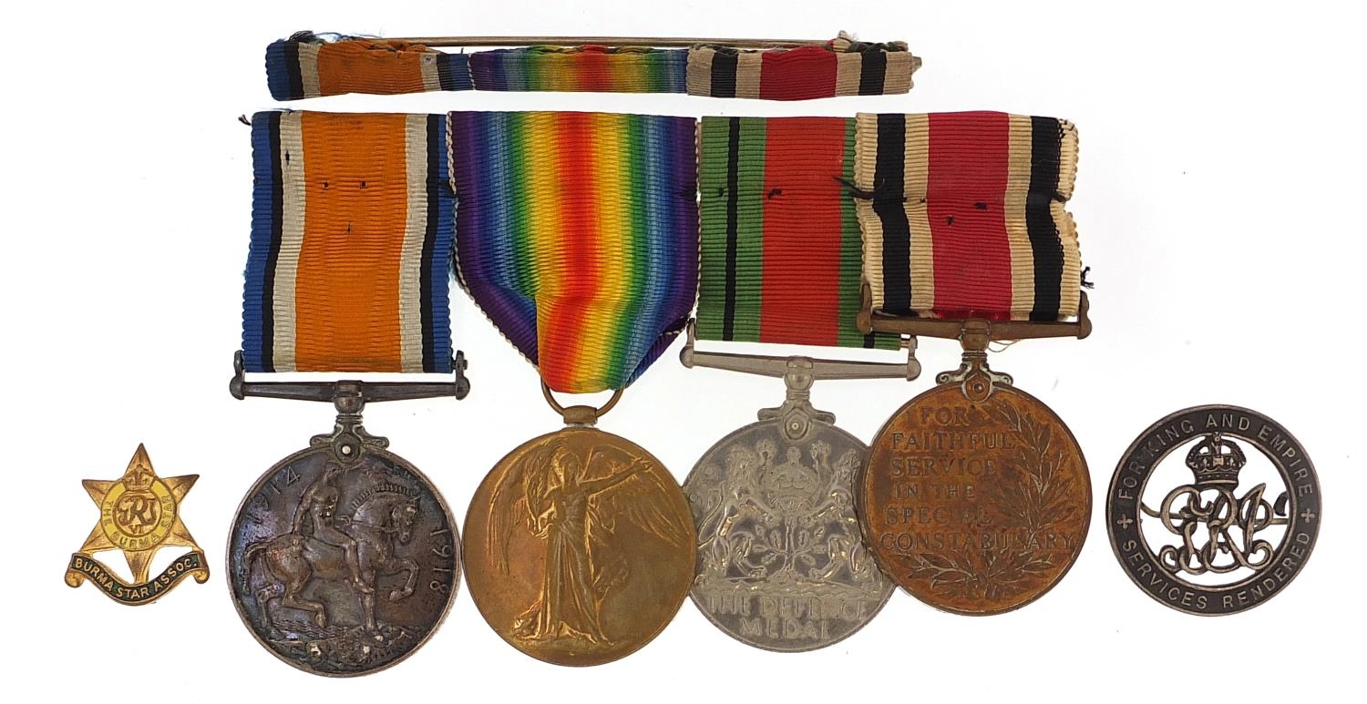 British military World War I and World War II four medal group with two badges, the Victory medal