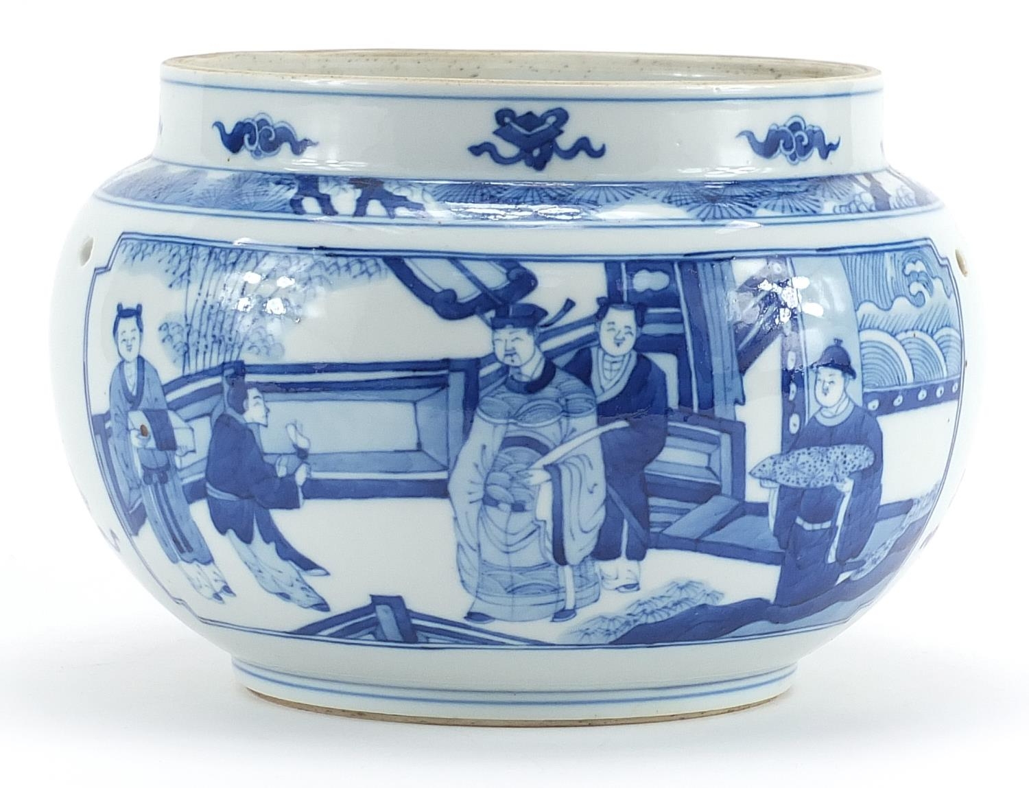 Chinese blue and white porcelain jardiniere hand painted with figures in an interior, 15.5cm high