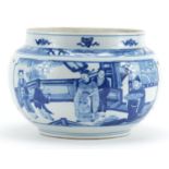 Chinese blue and white porcelain jardiniere hand painted with figures in an interior, 15.5cm high