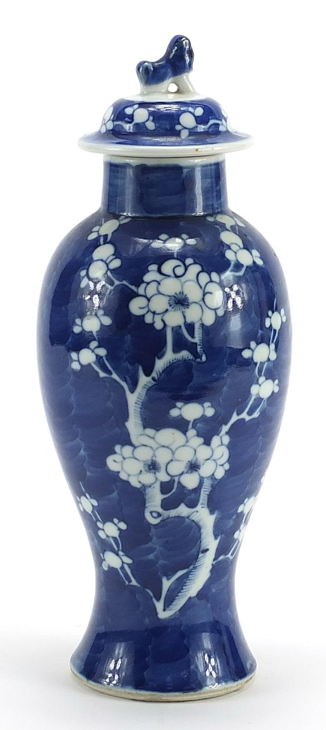 Chinese blue and white porcelain baluster vase and cover hand painted with cherry blossom, blue ring - Image 2 of 3