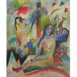 Surreal composition, female figures and animals before a landscape, watercolour, framed and