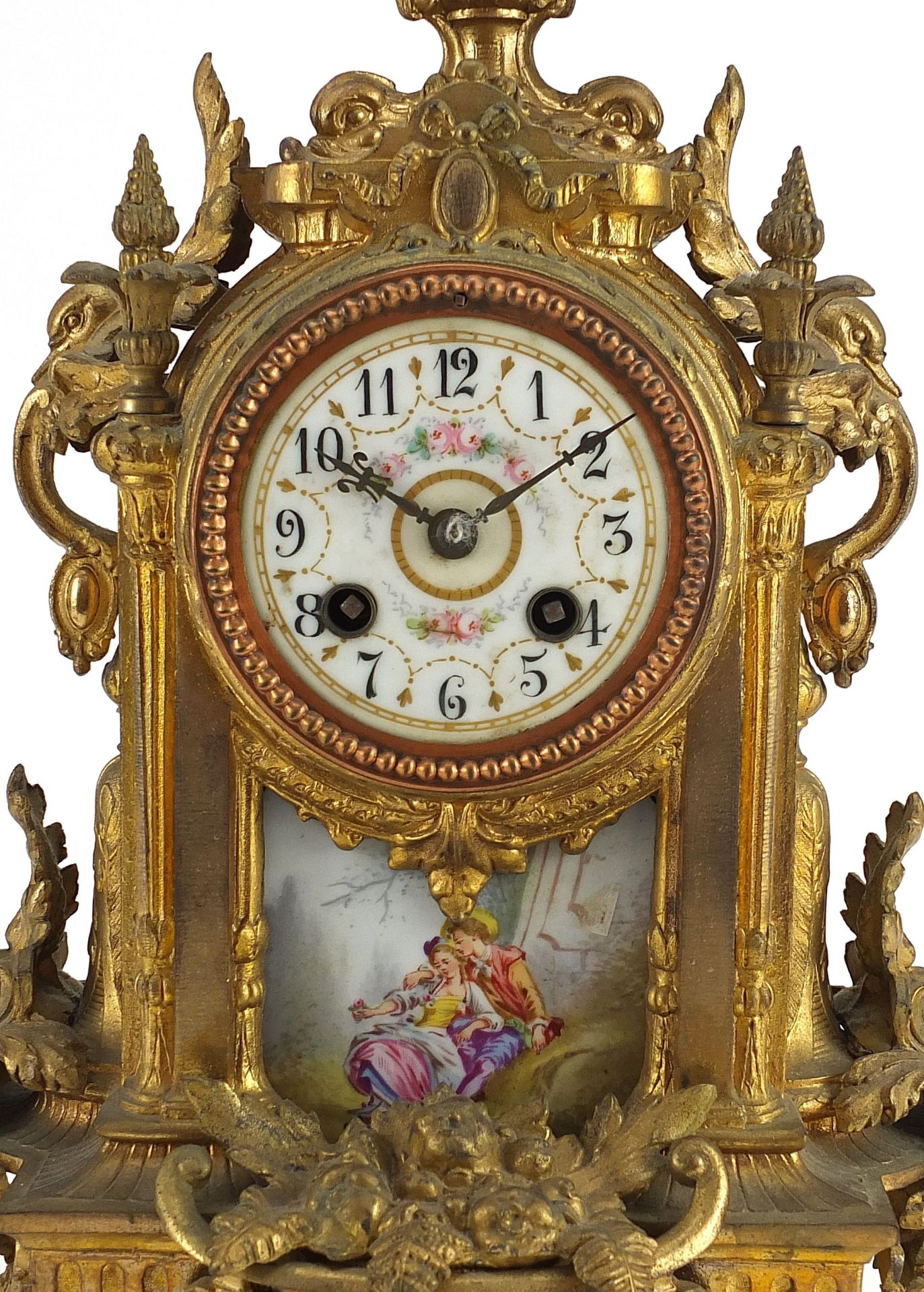 French gilt metal mantle clock with enamelled dial and Sevres style panel hand painted with a - Image 3 of 5