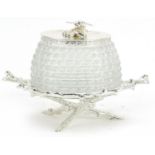 Naturalistic silver plated and frosted glass honeypot on stand, 17cm wide