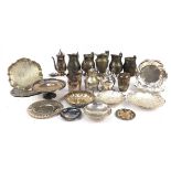 Silverplate including teapots, pedestal tazza, circular trays and jugs, the largest 32cm in diameter