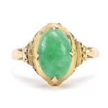 Chinese 14ct gold cabochon green jade ring, size P, 3.7g