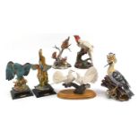 Six bird sculptures including three Capodimonte kingfisher and hoopoe, the largest 34cm high
