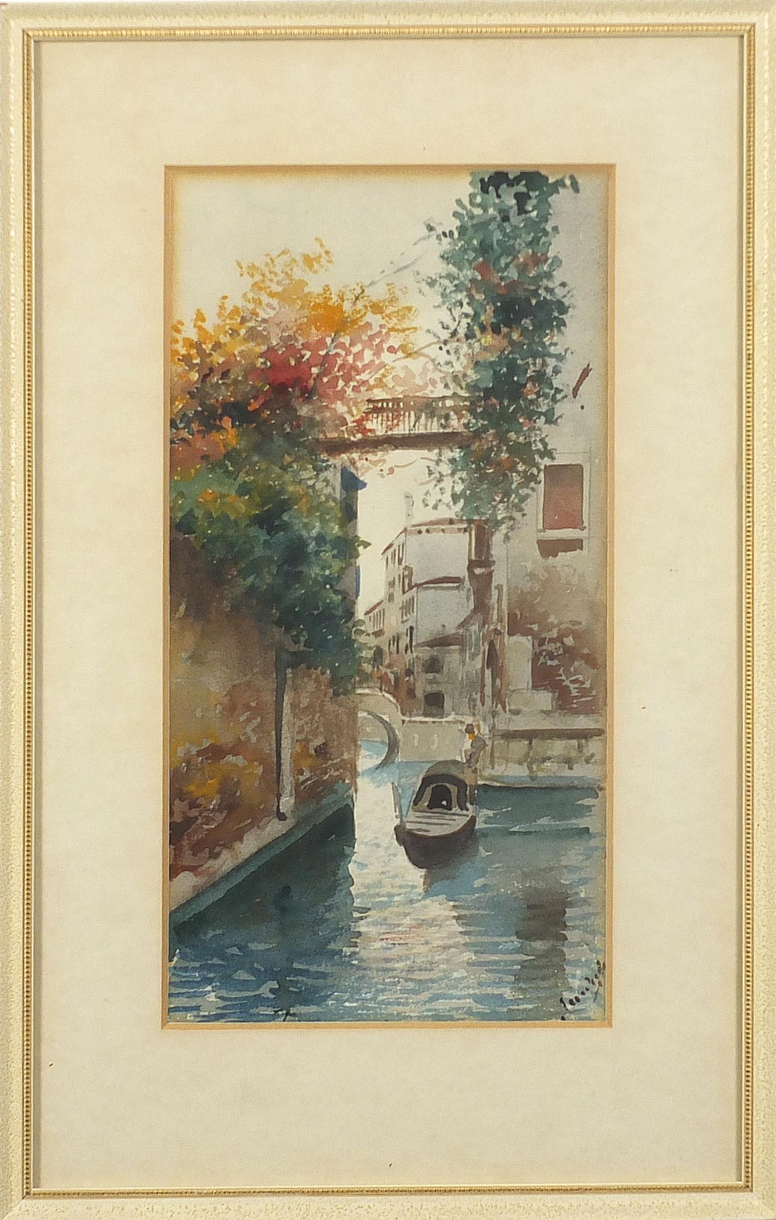 Venetian canal with gondola, watercolour, indistinctly signed, Penns Fine Art label verso, - Bild 2 aus 5
