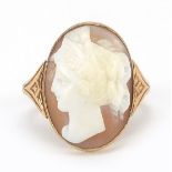 9ct gold cameo maiden head ring, size K, 3.5g