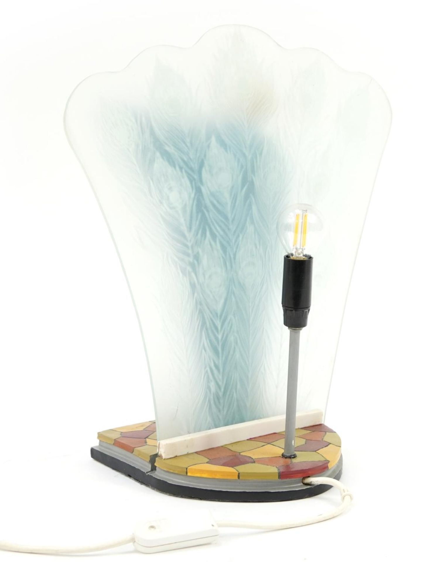 Art Deco style nude female table lamp with frosted peacock feather glass back, 43cm high - Image 2 of 3