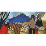 After Markey Robinson - The Potato Gatherers, Irish school gouache on paper, mounted, framed and