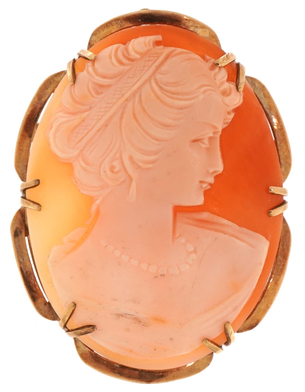 9ct gold mounted cameo maiden head brooch, 4.5cm high, 7.5g