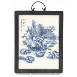 Chinese blue and white porcelain panel with hardwood frame hand painted with a winter landscape,