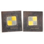 Pair of designer silver and enamel earrings, S M & Co London hallmark, each 2cm square, 4.1g