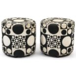 Pair of Johanson Design cylindrical stools with black and white geometric upholstery, 44cm high x