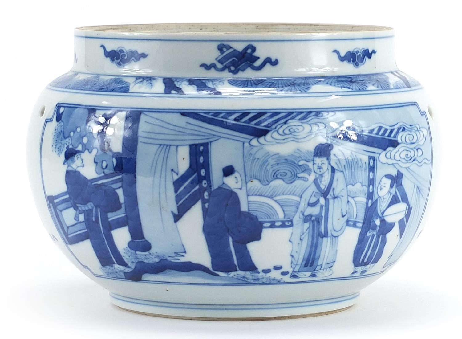 Chinese blue and white porcelain jardiniere hand painted with figures in an interior, 15.5cm high - Image 2 of 3