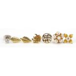 Group of gold stud earrings including Chinese, solitaire diamond and pearls, the largest 9mm in