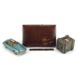 Objects comprising novelty MG table lighter, wooden crate design table lighter, Parker faux