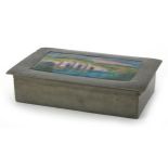 Attributed to Charles Varley for Liberty & Co, Arts & Crafts Tudric pewter games box with drop