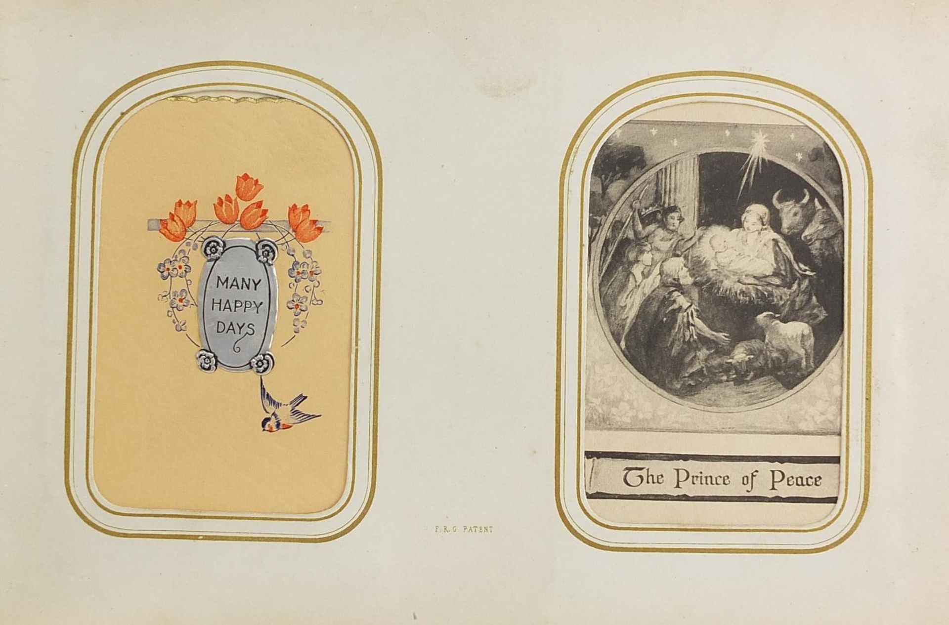 Collection of black and white cabinet cards and greetings cards arranged in a tooled leather album - Image 4 of 6