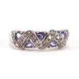 9ct white gold diamond and purple stone half eternity ring, possibly tanzanite, size P, 3.2g