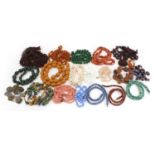 Vintage costume jewellery necklaces and bracelets including amber coloured beads, carnelian, pips