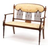 Edwardian inlaid mahogany two seater salon settee, 110cm wide