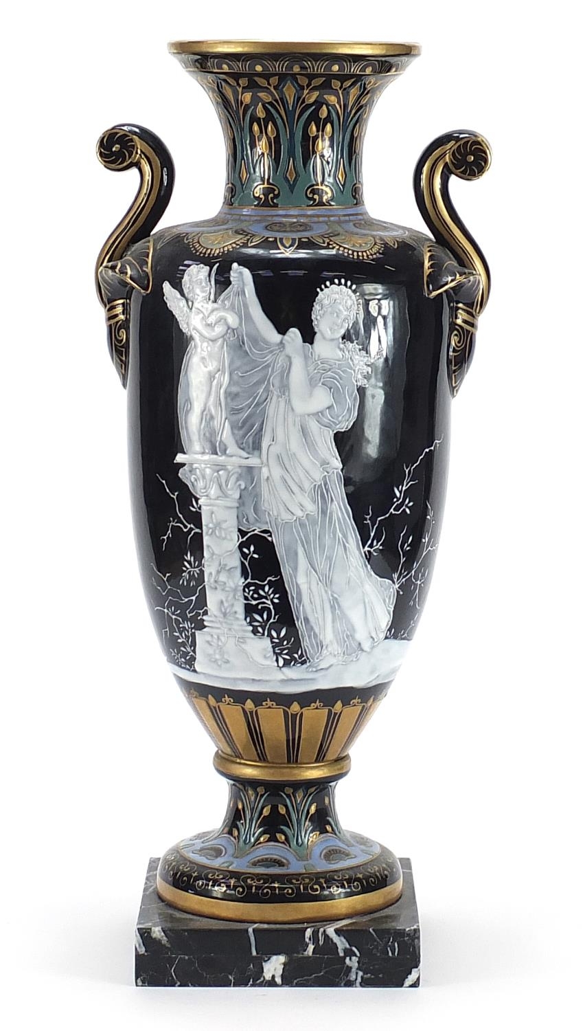 Large Minton style pate sur pate style porcelain vase with twin handles enamelled with maidens and - Image 2 of 4