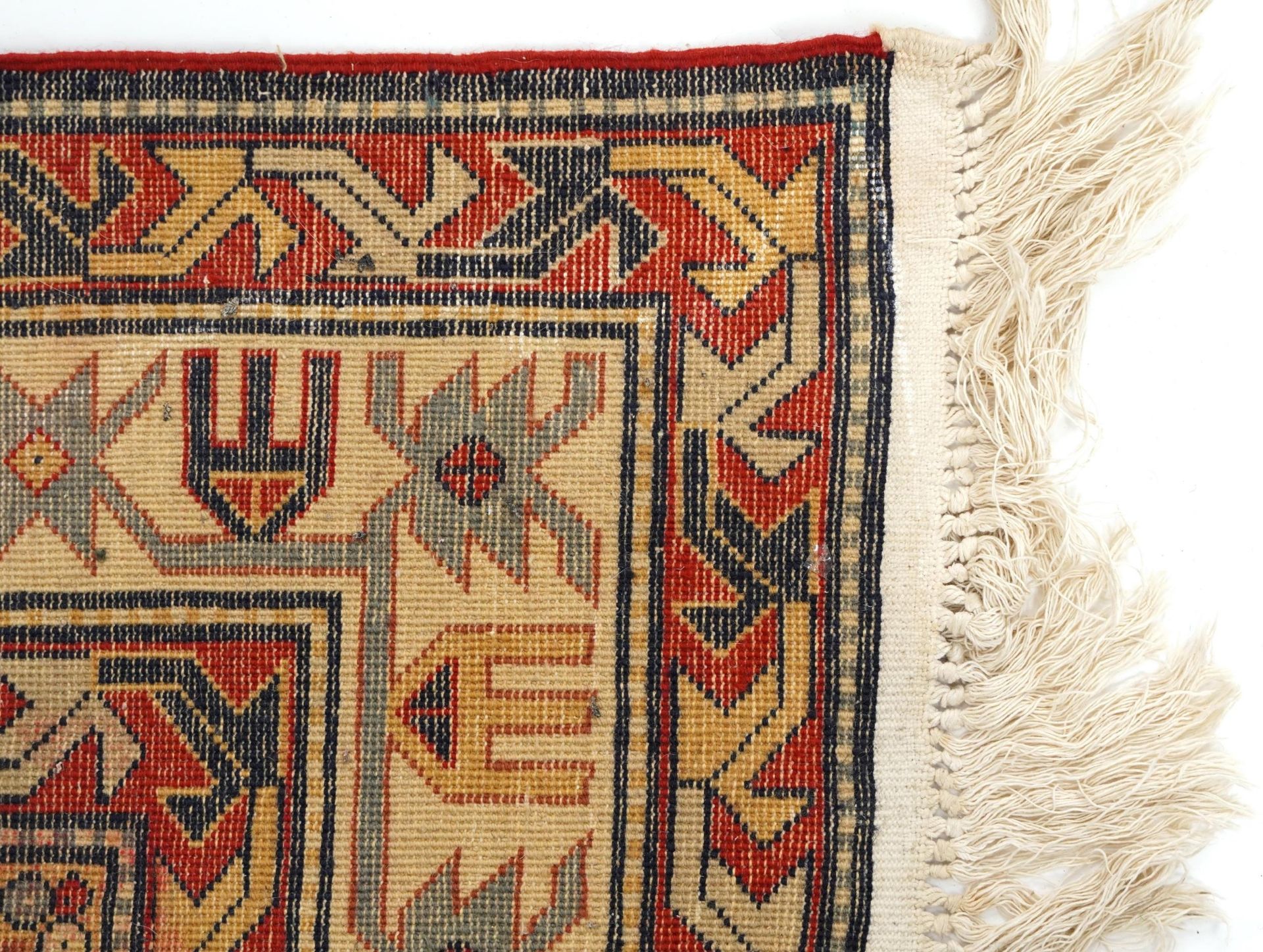 Rectangular Middle Eastern red and blue ground rug having an all over geometric design, 200cm x - Image 6 of 6