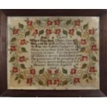19th century embroidered sampler with verse and flowers worked by Eleanor Hobson, aged 13, 1864,
