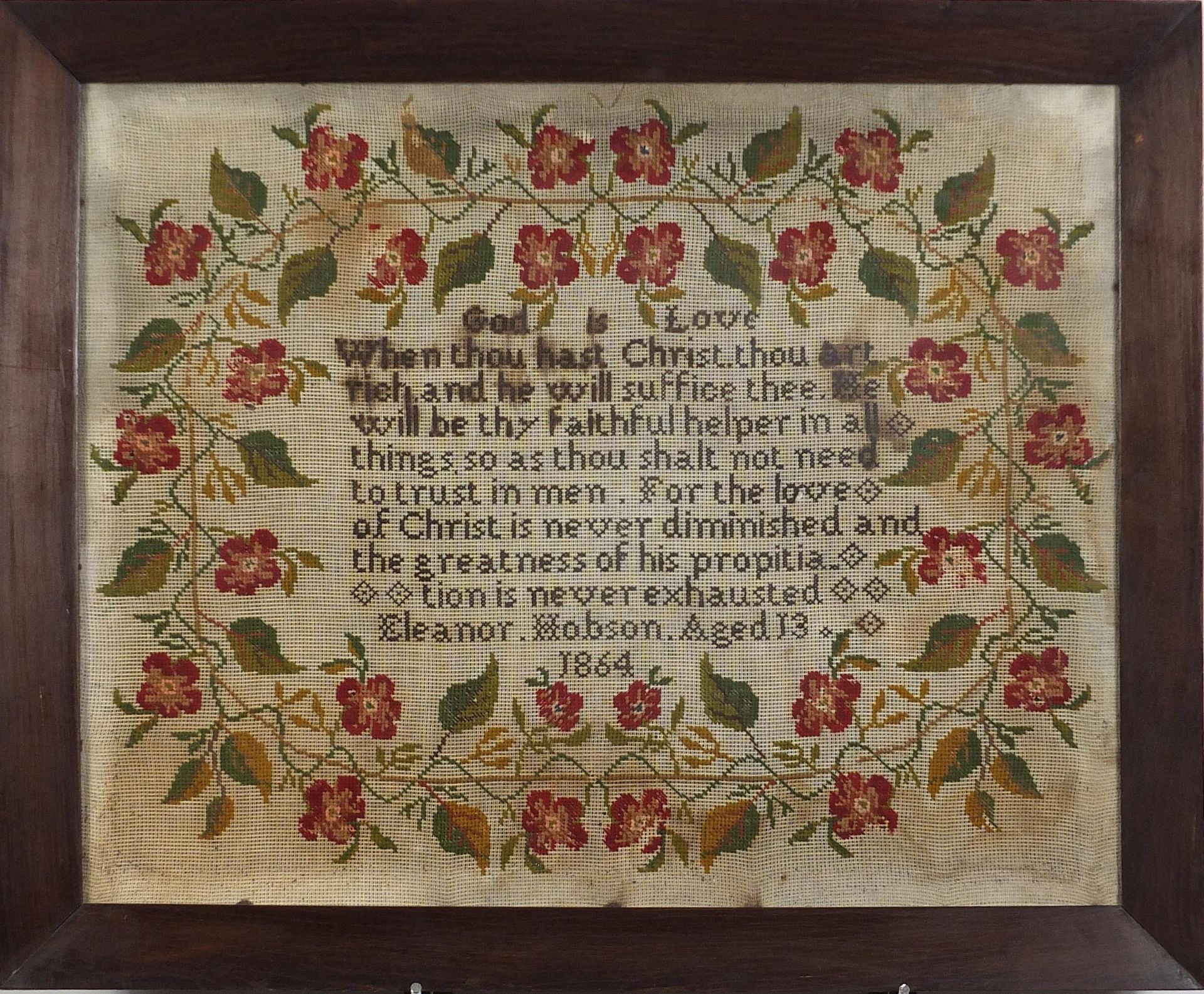 19th century embroidered sampler with verse and flowers worked by Eleanor Hobson, aged 13, 1864,