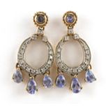 Pair of 9ct gold diamond and tanzanite drop earrings, 2.4cm high, 2.6g