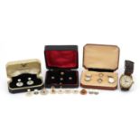 Collection of vintage gentlemen's dress studs and cufflinks and a Rotary Super Sports wristwatch