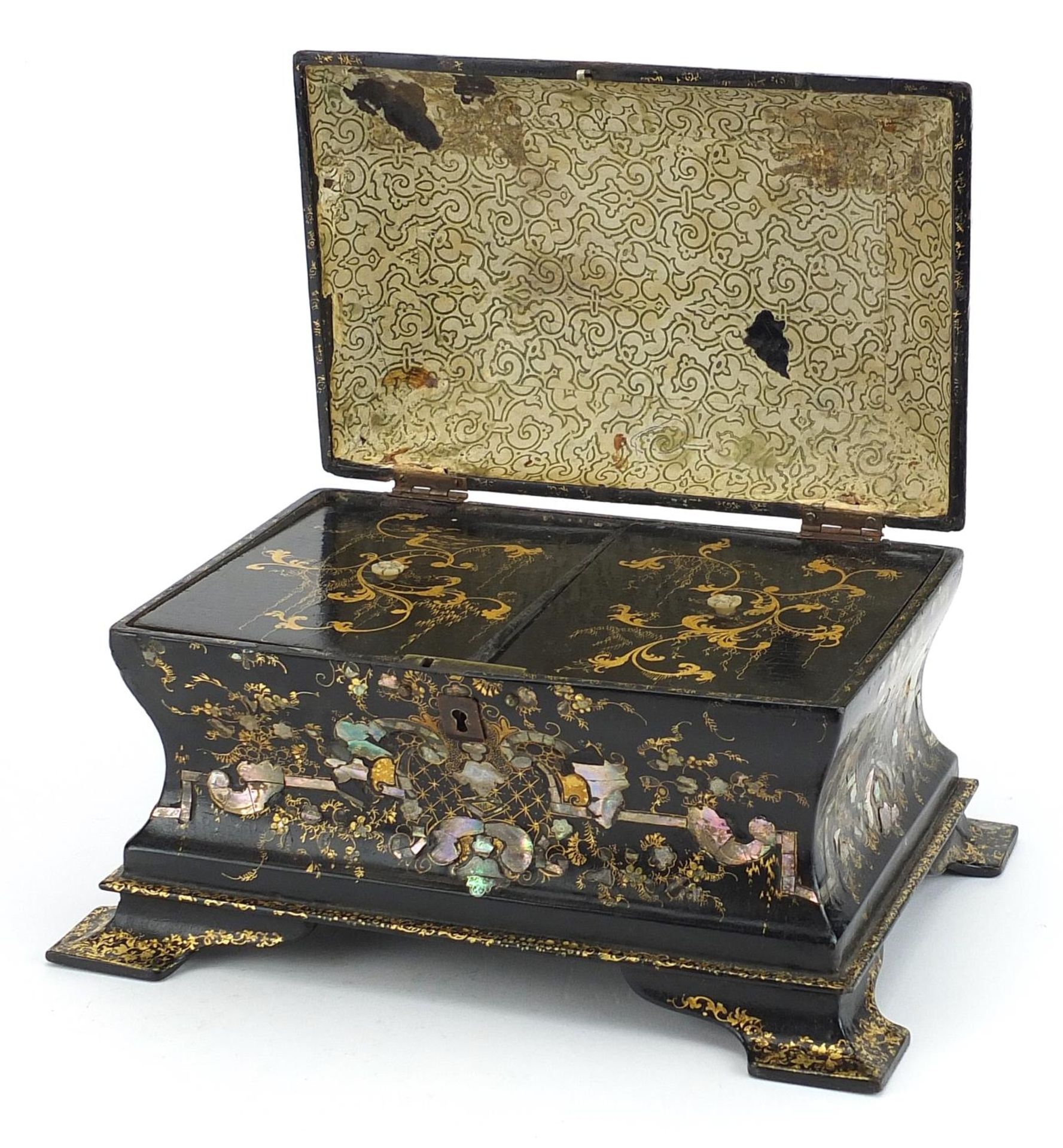 Victorian papier mache tea caddy with twin divisional interior and abalone inlay gilded with - Image 2 of 4