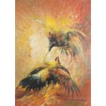 Suharyo Saman - Cock Fighting, Impressionist oil on canvass, indistinctly signed possibly J
