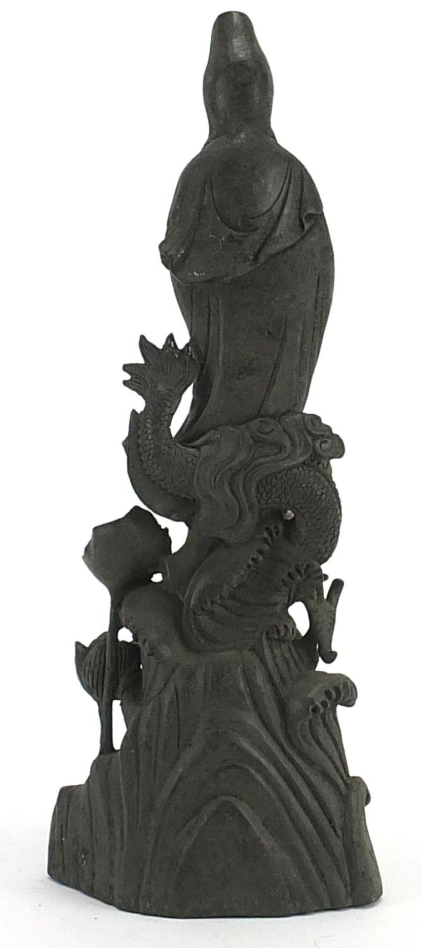 Chinese patinated bronze figure of Guan Yin with a dragon, 36cm high - Image 2 of 4