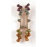 Pair of 9ct gold drop earrings set with colourful stones, 2.6cm high, 2.1g