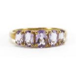 9ct gold amethyst five stone ring, size Q, 1.9g