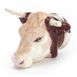 Royal Stratford porcelain stirrup cup with silver plated mount in the form of a bull's head, 11cm in