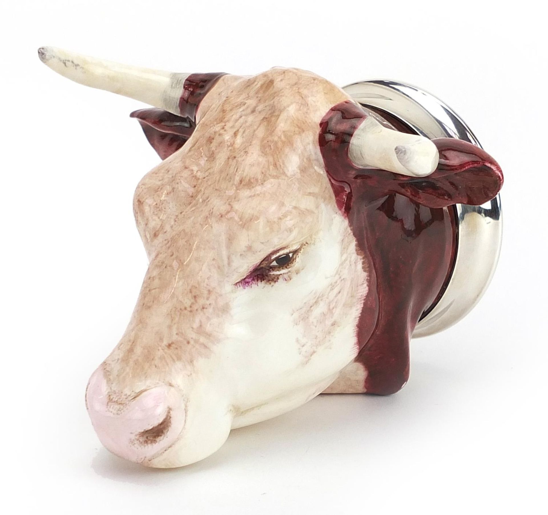 Royal Stratford porcelain stirrup cup with silver plated mount in the form of a bull's head, 11cm in