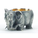 Heavy silver elephant salt with gilt interior, impressed Russian marks to the base, 4.5cm in length,