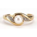 9ct gold, diamond and cultured pearl crossover ring, size S, 2.8g