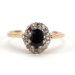 9ct gold sapphire and diamond cluster ring, size M, 2.1g