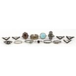 Fifteen silver and unmarked silver rings, some set with semi precious stones and marcasite,
