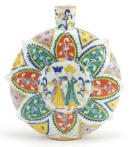 Turkish Kutahya pottery water flask hand painted with figures and flowers, 21.5cm high