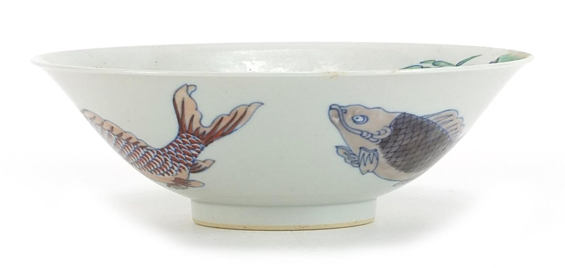 Chinese porcelain doucai bowl hand painted with a bird on a branch amongst butterflies and fish, six - Image 2 of 4
