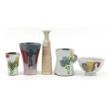 Janice Tchalenko for Dartington, Studio pottery including three vases and a jug, the largest 19.