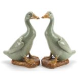 Pair of Chinese porcelain green glazed ducks, 23cm high