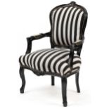 French style black painted elbow chair with black and white striped upholstery, 92cm high